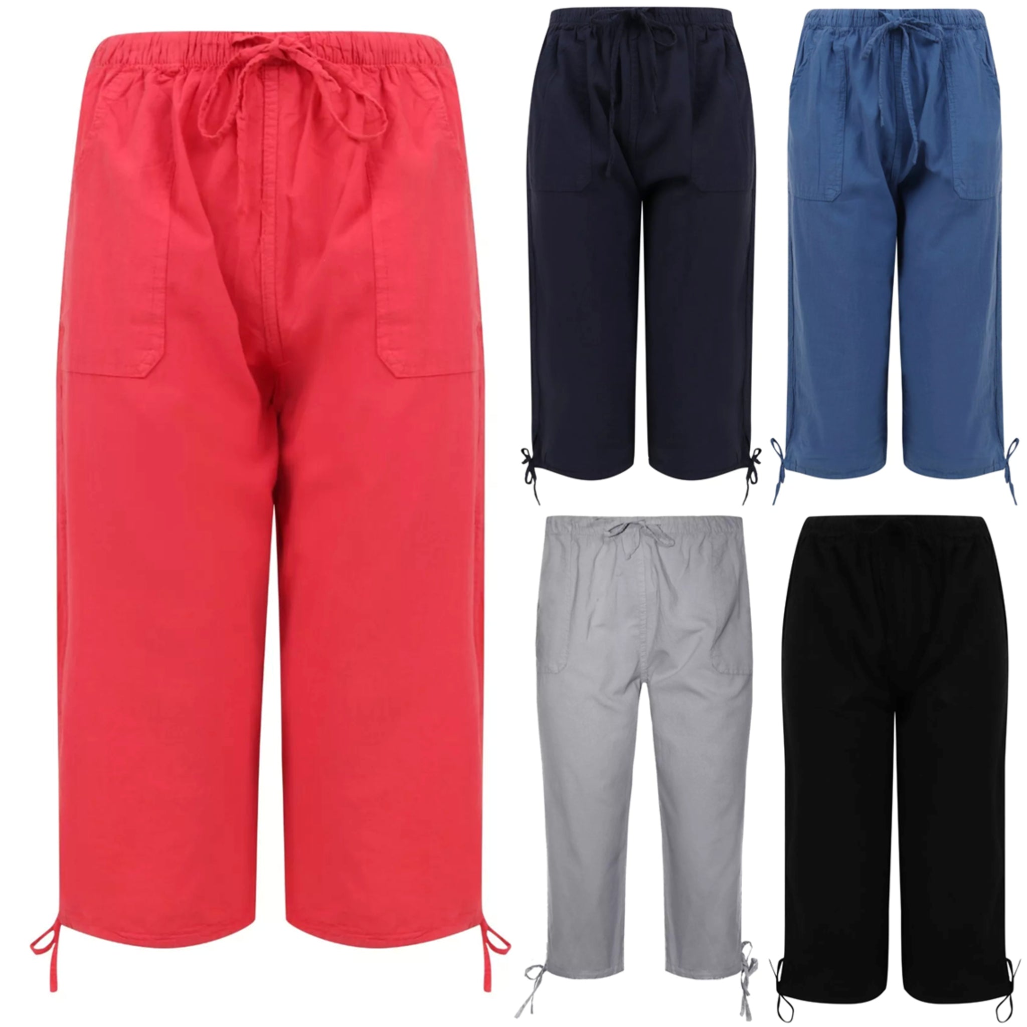 Ladies red, navy, blue, grey and black 3/4 length pedal pusher shorts with drawstring waist and pockets